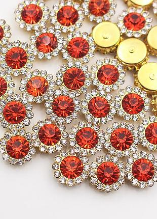 Страз пришивной 12 мм гудзичок червоний в золотій оправі