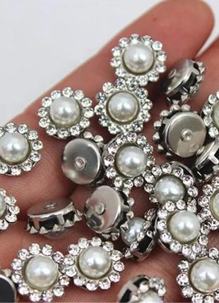 Страз пришивной 10 мм пуговичка с жемчужиной оправа стального цвета