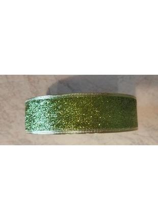 Новогодняя лента с проволочным краем оливка глитер ширина 3,8 см