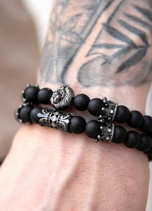 Мужские браслеты из натуральных камней (комплект), каменные браслеты черные