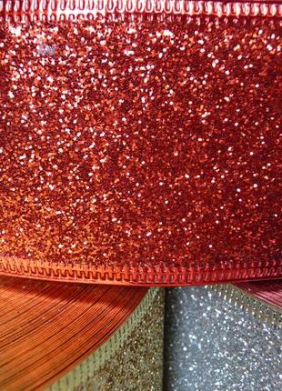 Новогодняя лента с проволочным краем красный глитер ширина 5 см2 фото