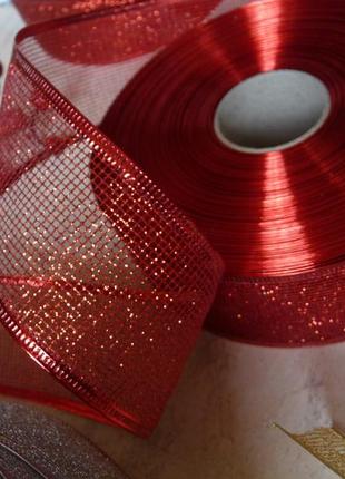 Новогодняя лента с проволочным краем красная сетка блеск 3,8 см1 фото