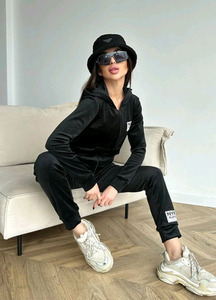 Женский спортивный турецкий велюровый костюм черного цвета3 фото