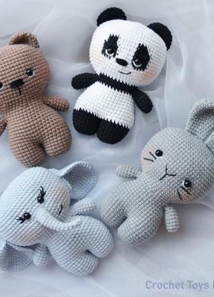 Вязаные игрушки амигуруми - слоненок, зайчик, мишка, панда