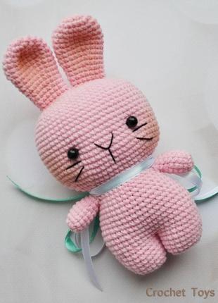Розовый зайчик, вязаная крючком, игрушка зайчик, зайчик амигуруми3 фото