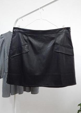 Кожаная мини юбка с карманами трапеция эко кожа из эко кожи1 фото