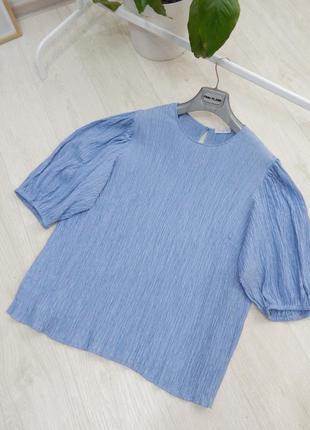 Голубая блуза с объемными рукавами жатая наиуральная свободного кроя объемные рукава на резинке