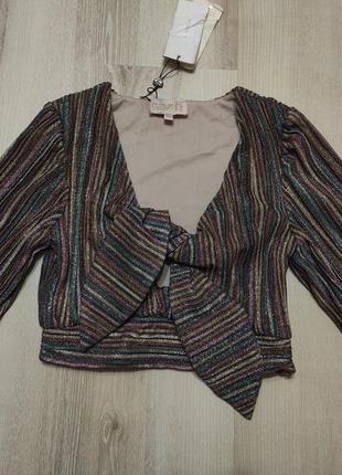 Красивая укороченная блуза с люриксом, кроп топ с завязками, короткая блуза-топ  s-m  бирка 10 - наш
