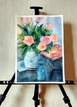 Картина аквареллю. букет троянд (28 х 40,5 см)2 фото