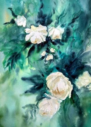 Картина аквареллю, білі троянди (29x41 см)2 фото