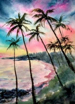 Картина акварелью. пейзаж. закат на пляже4 фото