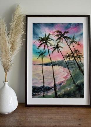 Картина акварелью. пейзаж. закат на пляже