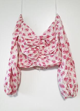 Фаворит блоггеров - хлопковый топ блуза открытые плечи цветочный принт обьемные рукава zara4 фото