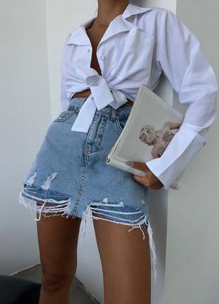 Женская джинсовая мини юбка - шорты, рваная, короткая юбка, джинс, на высокой посадке, с разрезами1 фото