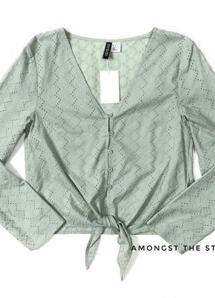 Блуза, топ из прошвы, рубашка фисташкового колеа2 фото