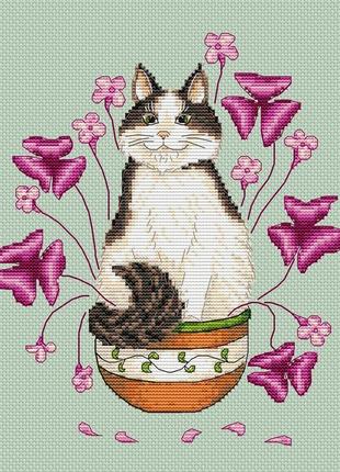 Авторская схема для вышивания крестиком "кот-пушистый цветок" №21046 фото