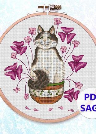 Авторская схема для вышивания крестиком "кот-пушистый цветок" №21041 фото