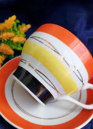 Радиоволны! 🚀📡 1960-е! барановка чайная пара фарфор минимализм арт-деко чашка и блюдце полоски линии фарфор ссср советский барановский завод6 фото