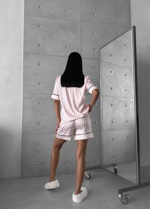 Женская сатиновая пижама в розовую полоску в стиле vs рубашка короткий рукав шорты шелк сатин5 фото