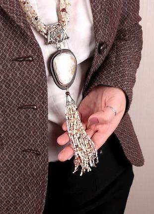 Бісерне намисто з довгим кулоном-сотуар з перламутру3 фото
