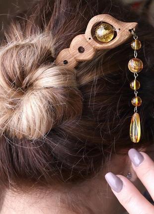 Китайская палочка-шпилька для волос с натуральным янтарем "роса"2 фото