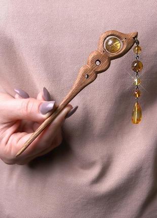 Китайская палочка-шпилька для волос с натуральным янтарем "роса"