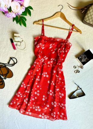 Красный сарафан с рюшами, шифоновое красное платье, летнее красное платье1 фото