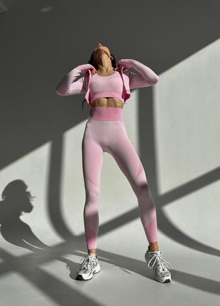 Бесшовный костюм для фитнеса, тренировок 3 в 1 honeycomb розовый (топ, рашгард, леггинсы)2 фото