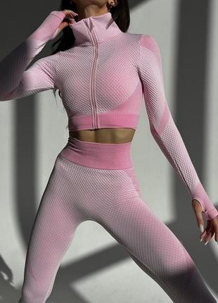 Бесшовный костюм для фитнеса, тренировок 3 в 1 honeycomb розовый (топ, рашгард, леггинсы)10 фото