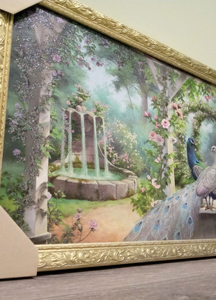 Картина павліни павичі в арці з квітами сюжетна 3d 75х38х2см