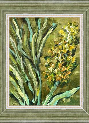 Картина зеленый сад желтые цветы масляными красками на холсте в рамке2 фото
