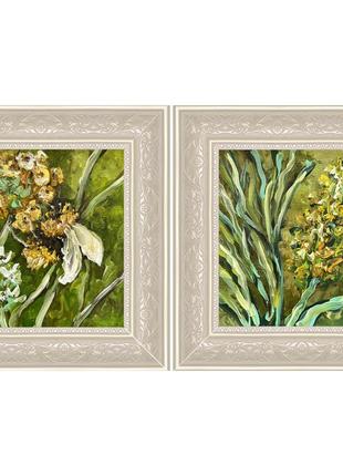 Картина джміль бджола зелень жовті квіти в рамці диптих 2шт6 фото