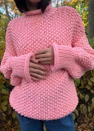 Вязаный свитер, розовый свитер, женский свитер, свитер оверсайз