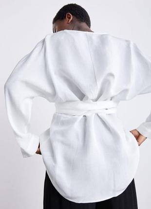 Zara 🤍 льняная белая рубашка свободного кроя на запах смесовый лен3 фото