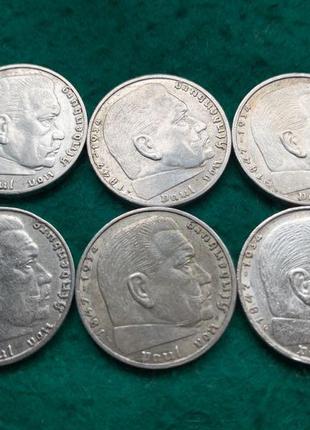Срібні монети 3 рейхи 2 марки 1937, 1938, 19393 фото