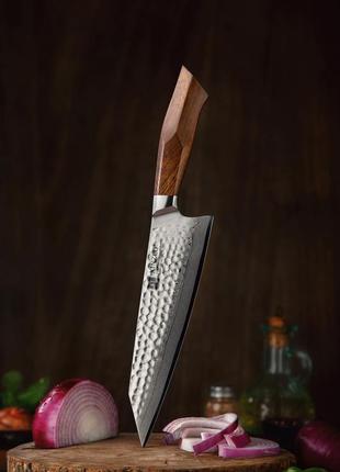Нож поварской hezhen дамасская сталь 49 слоёв из серии luxury "feng" рукоять пустынное дерево2 фото