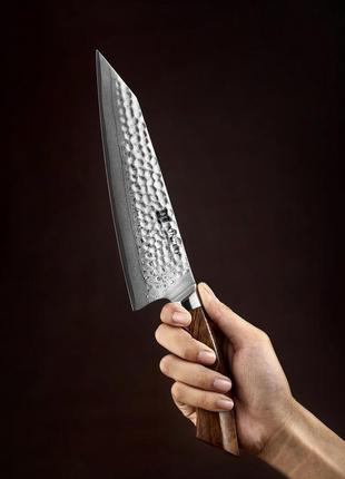 Нож поварской hezhen дамасская сталь 49 слоёв из серии luxury "feng" рукоять пустынное дерево5 фото