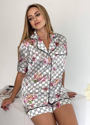 Женская пижама шелк сатин в цветы в стиле gucci рубашка брюки