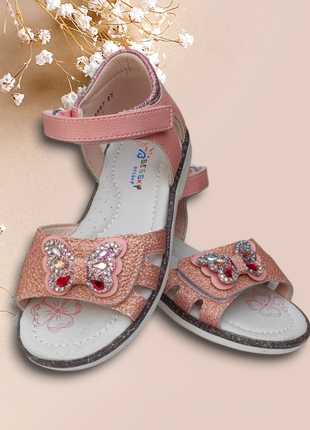 Босоножки сандалии для девочки розовые коралловые теракот с пяткой бабочка бабочка9 фото