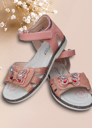 Босоножки сандалии для девочки розовые коралловые теракот с пяткой бабочка бабочка6 фото