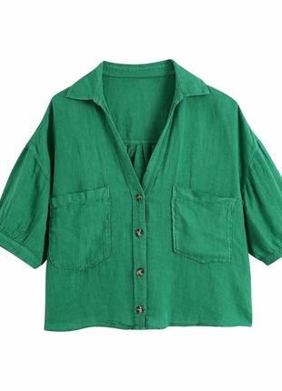 Льняная кроп зеленая укороченная легкая свободного кроя рубашка zara 34/xs2 фото