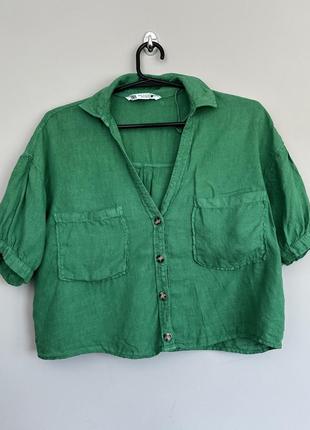 Льняная кроп зеленая укороченная легкая свободного кроя рубашка zara 34/xs7 фото