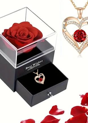 Розкішне намисто з підвіскою "i love you" та трояндою в подарунковій коробці червоний (sv3627)