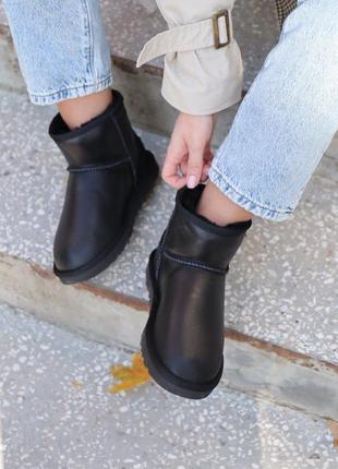 Угги ugg mini lether black сапоги ботинки уггі