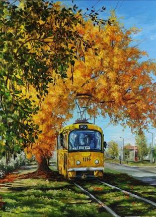 Картина маслом "осінь у місті" 45х40 см, полотно на підрамнику, олія