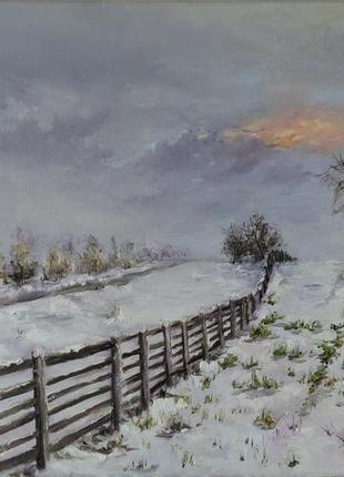 Картина маслом "перший сніг" 30х45 см, полотно на підрамнику, олія