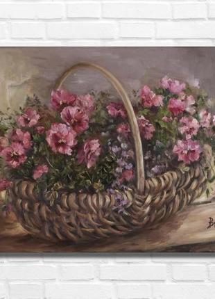 Картина маслом "корзина с цветами" 30х40 см, холст на подрамнике, масло2 фото