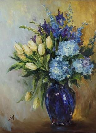 Картина маслом ′букет в синей вазе ′ 45×35 см, холст на подрамнике, масло2 фото