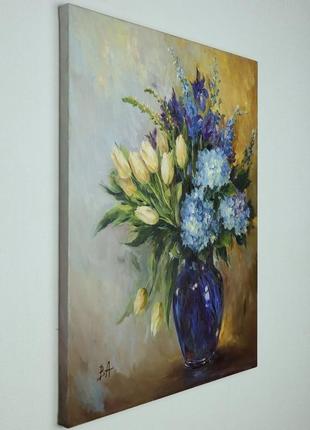 Картина маслом 'букет у синій вазі' 45×35 см, полотно на підрамнику, олія3 фото