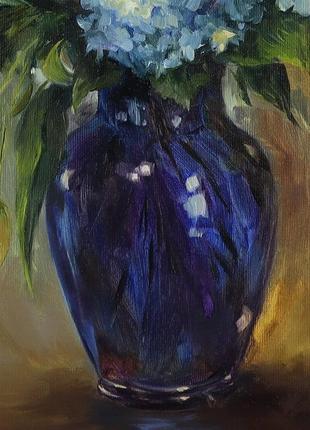 Картина маслом 'букет у синій вазі' 45×35 см, полотно на підрамнику, олія7 фото